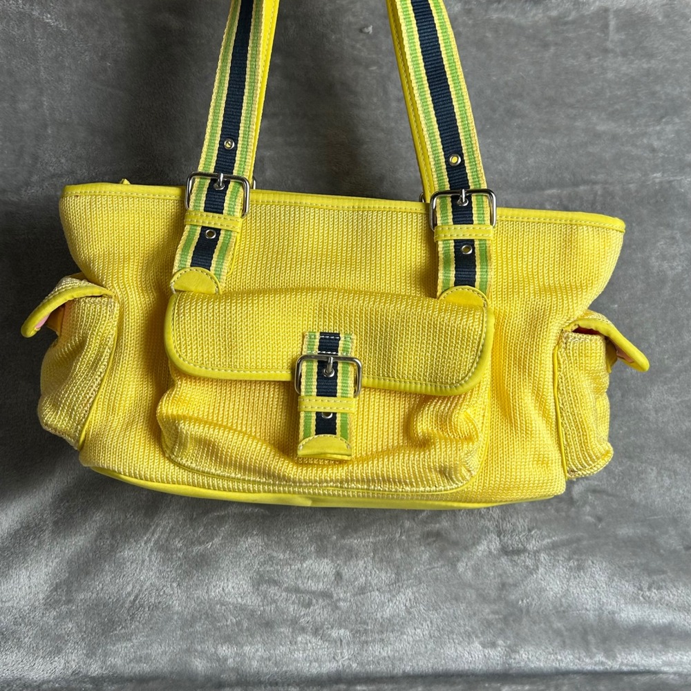The Sak Yellow Crochet Knit Shoulder Bag with Matching Pouch Striped Straps